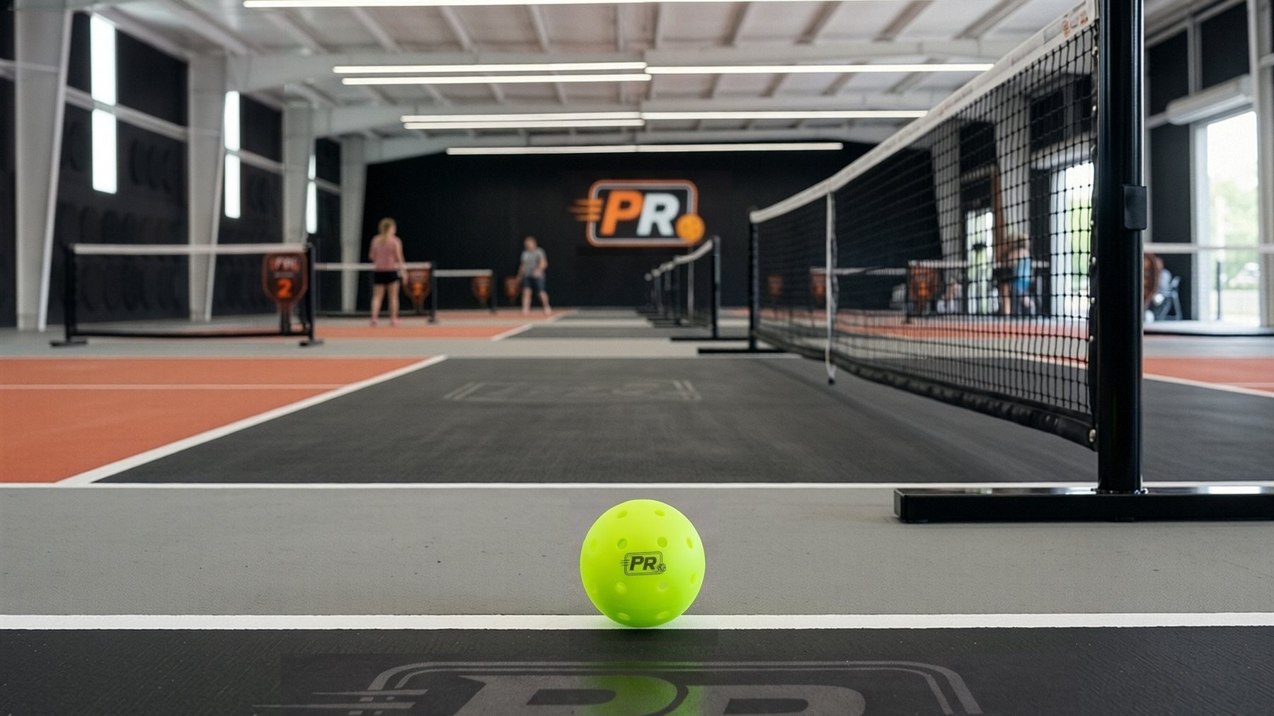 Courtside view with a ball on the kitchen line and the hall of courts behind