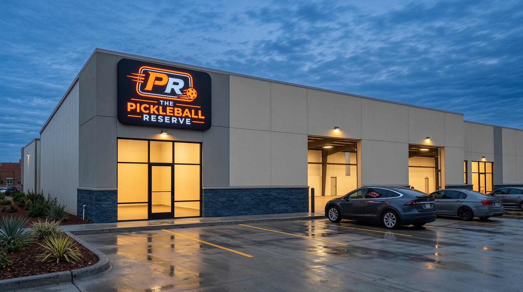 The Pickleball Reserve entrance at Highline Business Park at dusk, sign lit