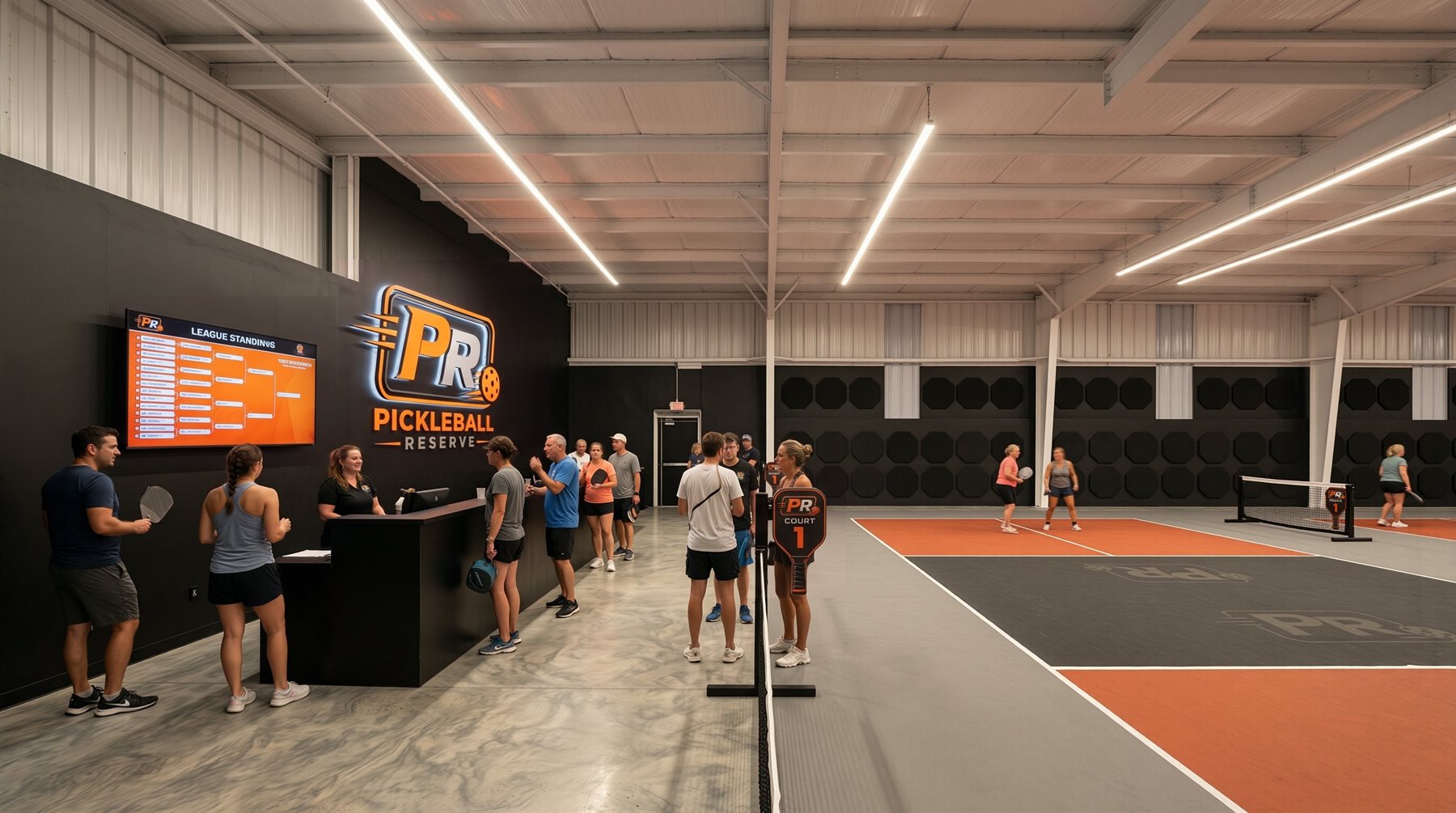 League night check in desk with the standings screen and courts behind